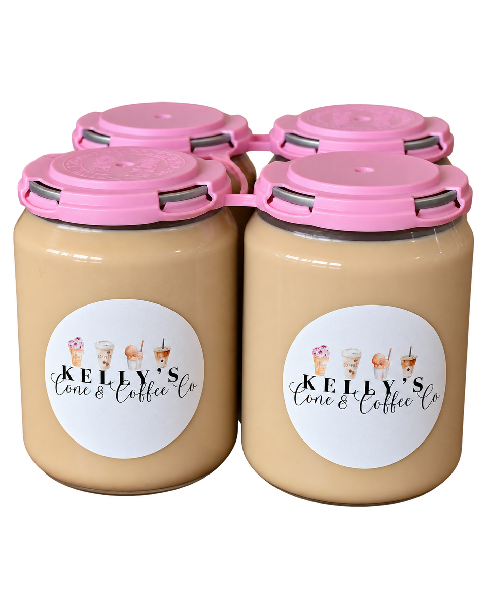 Four coffee jars with pink lids and Kelly's labels