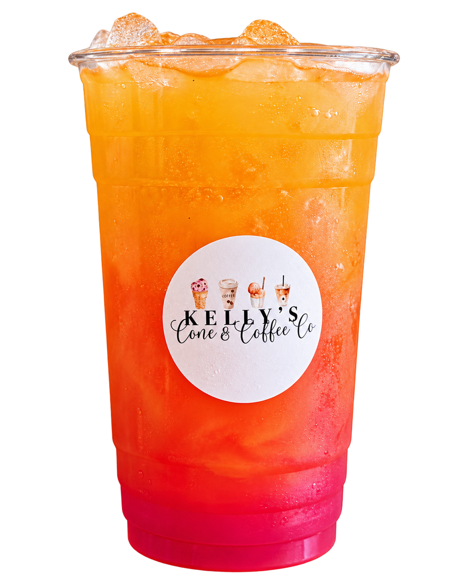 Orange and pink iced fruit drink in a Kelly's cup