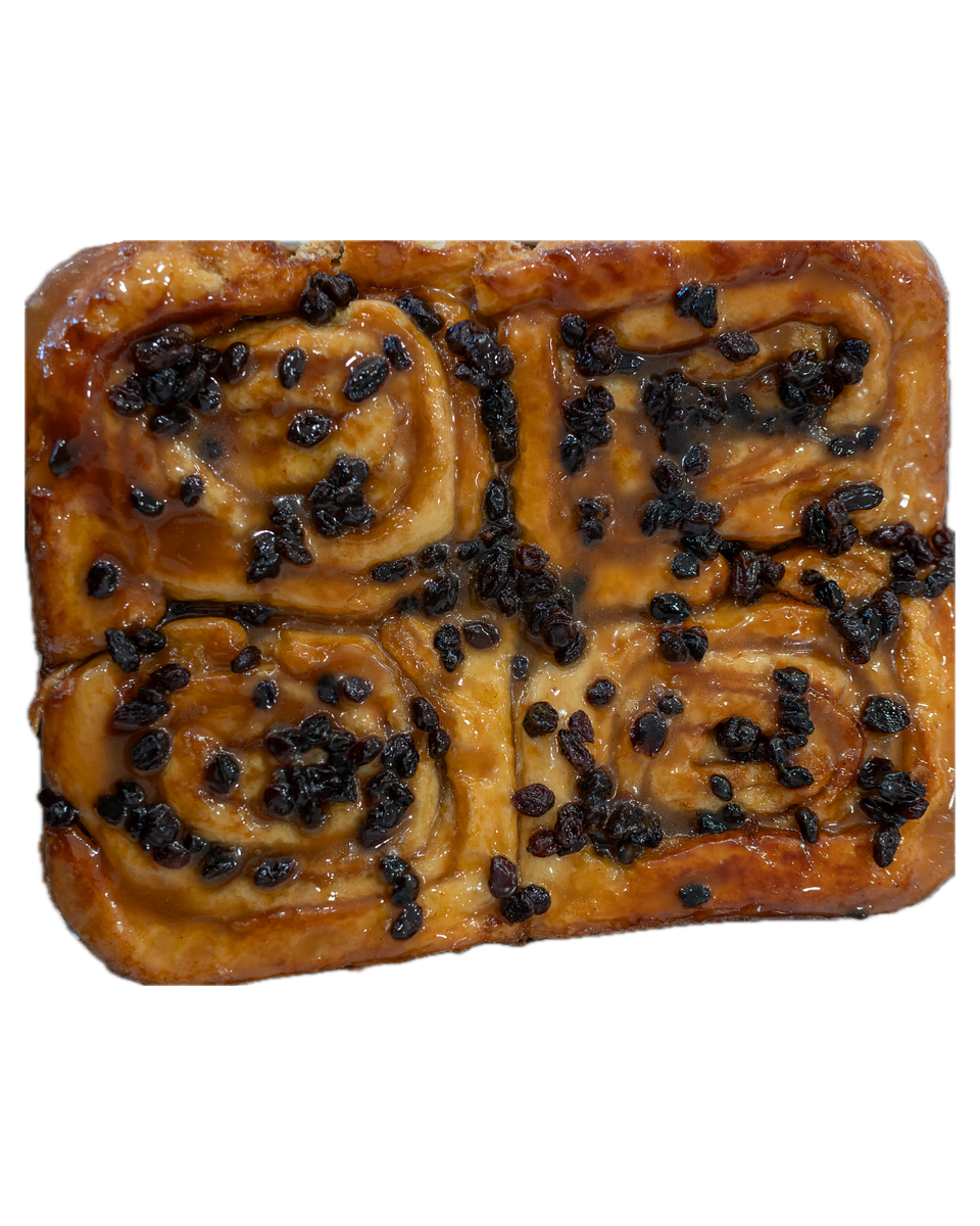 Four glazed raisin buns