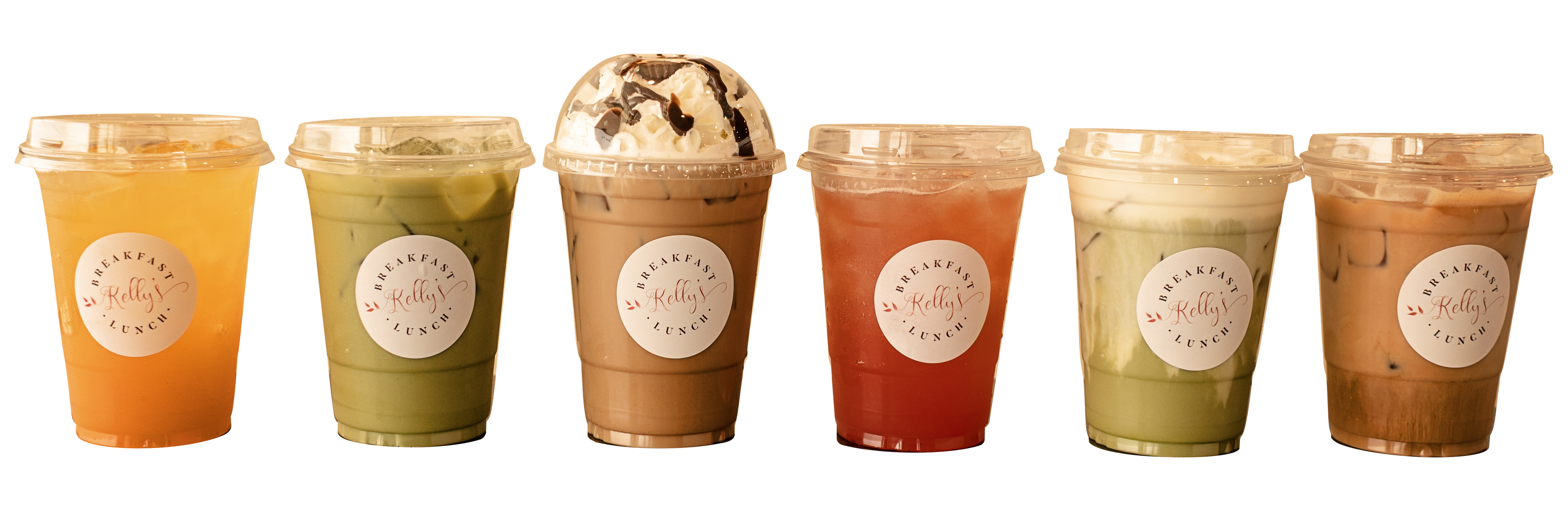 Six iced drinks lined up in clear cups with Kelly's labels